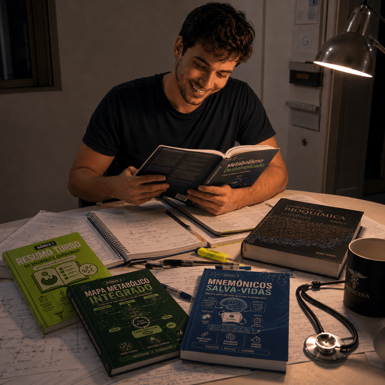 Estudante focado e organizado estudando com o Metabolismo Descomplicado