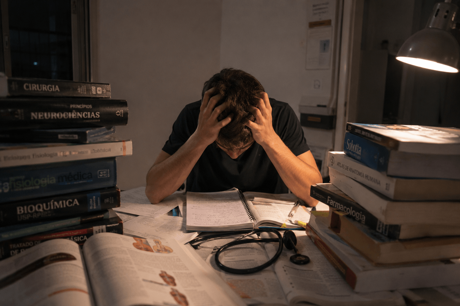 Estudante cansado e desorganizado antes do Metabolismo Descomplicado