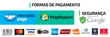 Formas de pagamento: Mercado Pago, PagSeguro, Boleto, Visa, Mastercard, Elo, American Express, Hipercard, Hiper, Diners Club, Aura e Cabal — site protegido pelo Google Safe Browsing